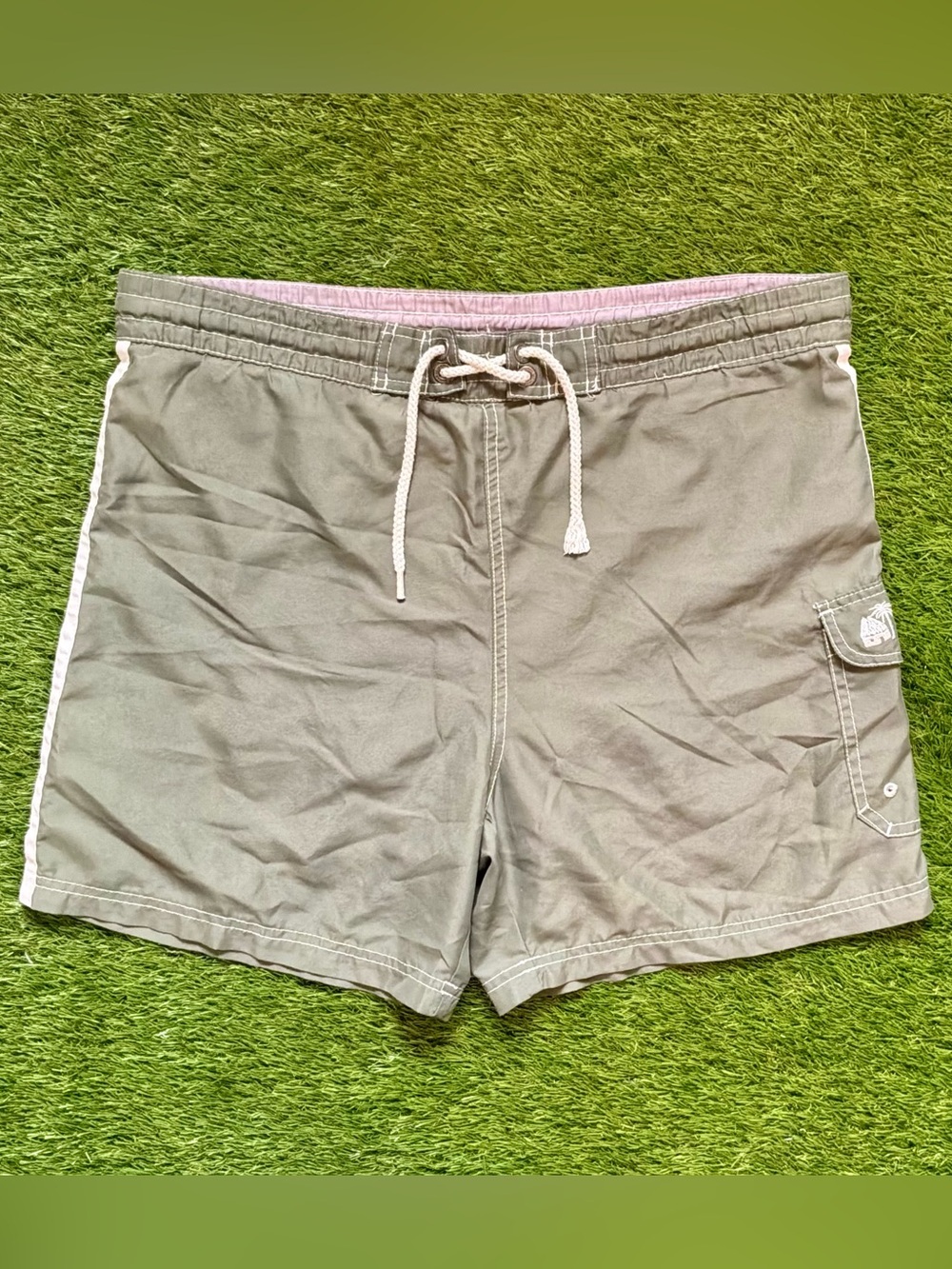 Caribbean Joe Khaki Beige Stripe Board Shorts Swim Trunks Small